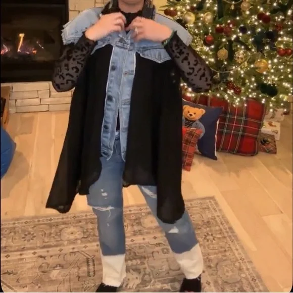 Sleeveless denim & black chiffon long sequin jacket duster high low custom flowy - Picture 5 of 14